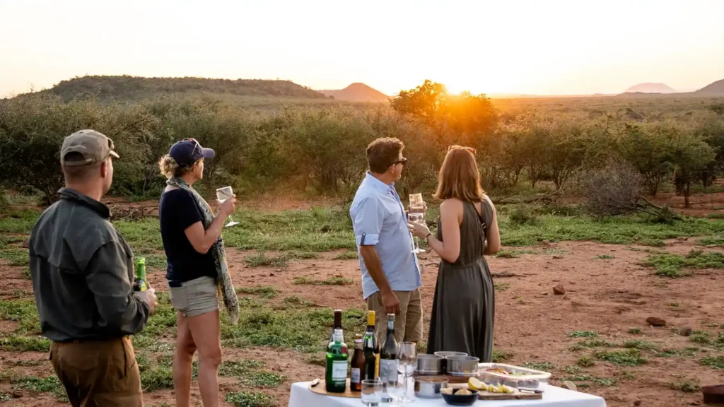 Guests enjoying sundowner drinks on African safari at sunset