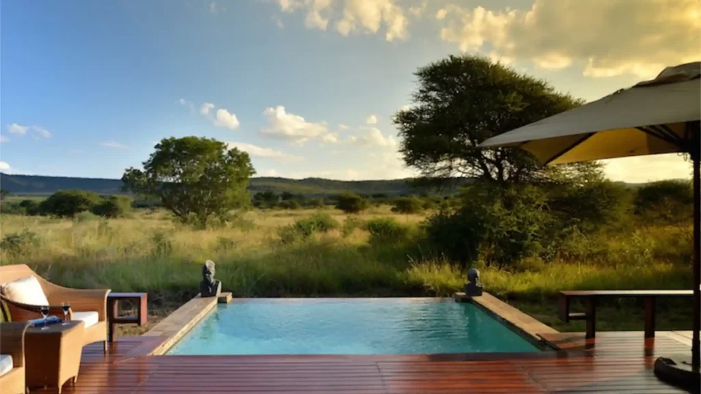 Luxury safari lodge pool overlooking South African bushveld landscape